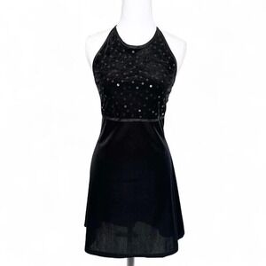 Y2K City Triangles black velvet sequins halter top dress